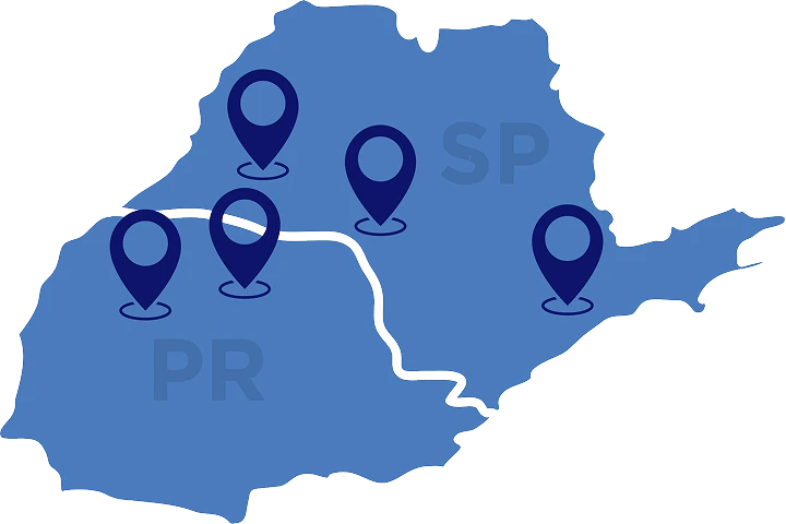 Mapa Trans Hizza com as 5 unidades em São Paulo e norte do Paraná